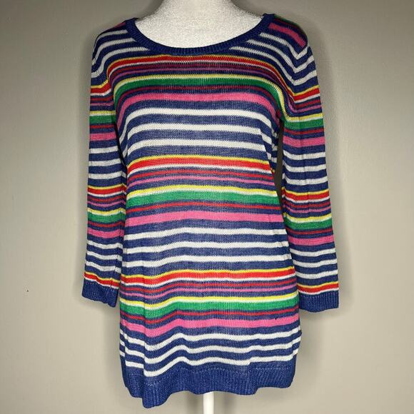 Talbots Petunia Stripe Linen Crewneck Sweater Lightweight 3/4 Sleeve Top *Small* - Picture 2 of 8